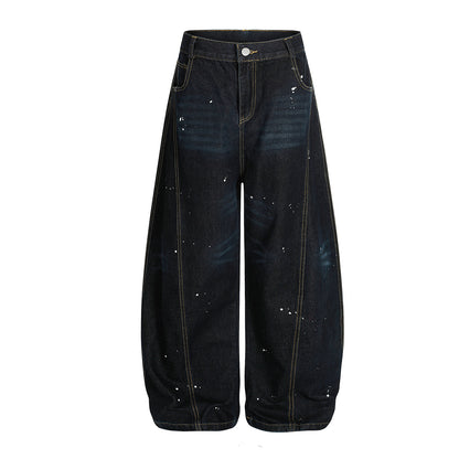 Ink Print Washed Wide Leg Curved Denim Jeans WN23030