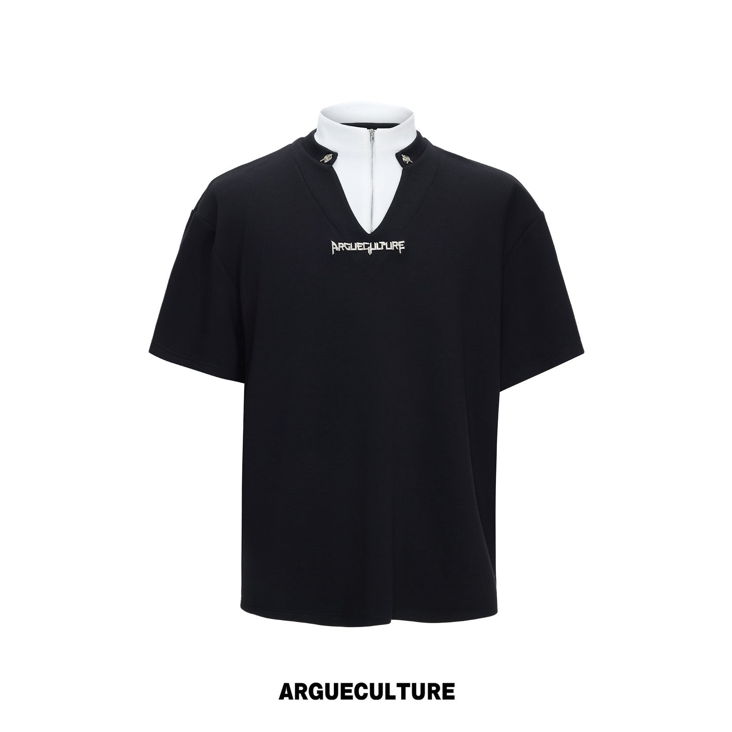 Fake Layered Stand Neck Boxy Short Sleeve T-Shirt WN26981