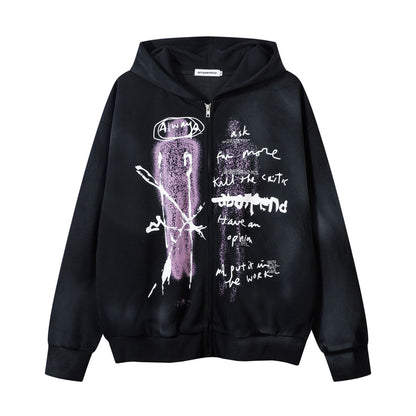 Washed Spray-Paint Design Oversize Zipper Hoodie WN11168