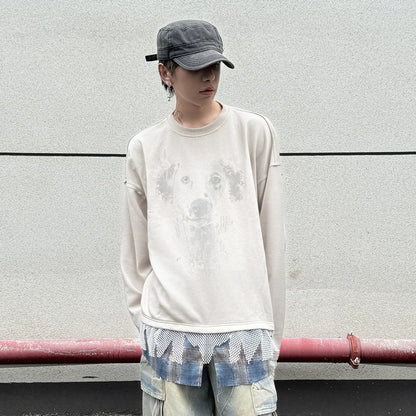 Fake Layered Mesh Mix Design Print Long Sleeve T-Shirt WN21150