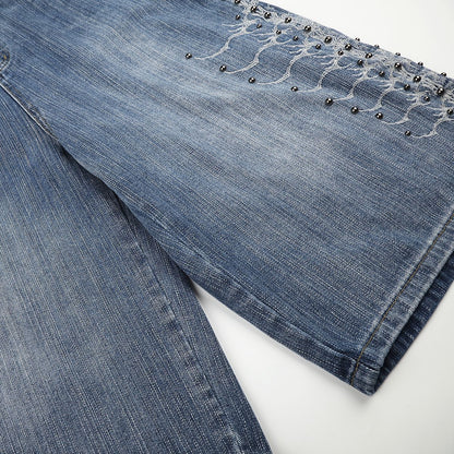Embroidery Bead Wide Leg Short Denim Pants WN25628