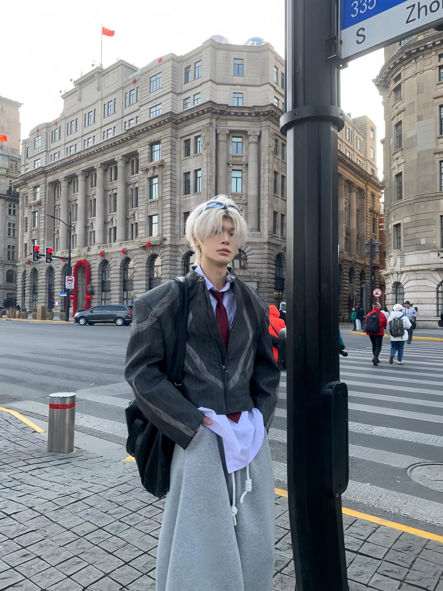 Heavy Pleats Standing-Collar PU Leather Jacket WN19795