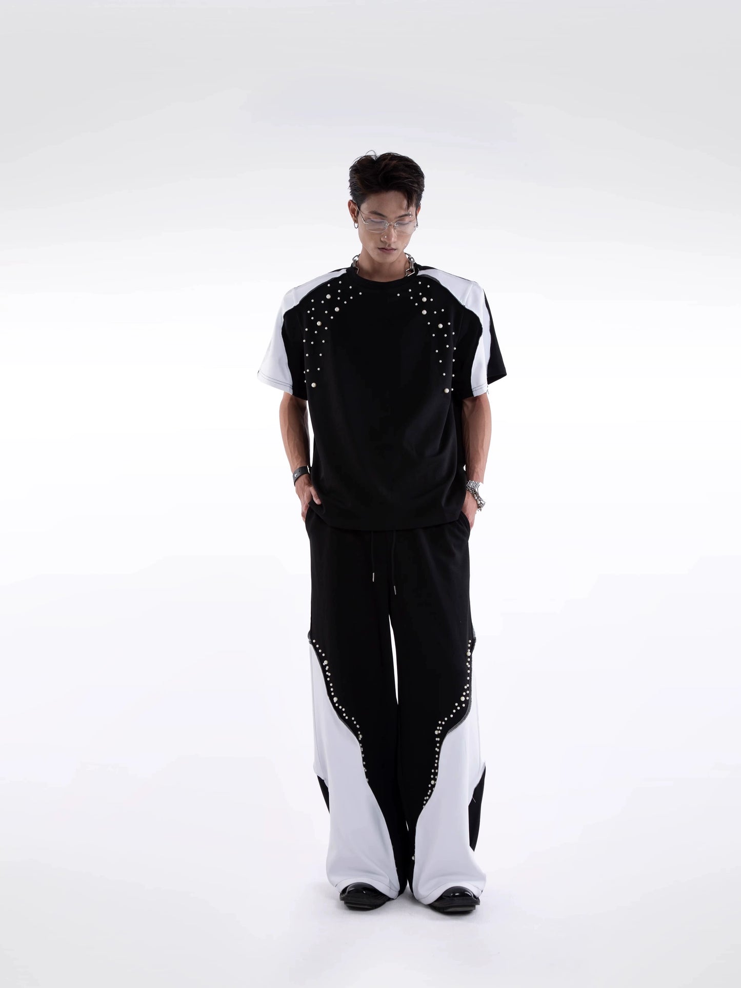 Beading Paint Shoulder-Pad Short Sleeve T-Shirt & Wide Leg Pants Setup WN20640