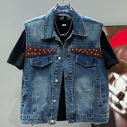 Washed Patchwork Denim Vest & Wide Leg Denim Jeans Setup WN23928