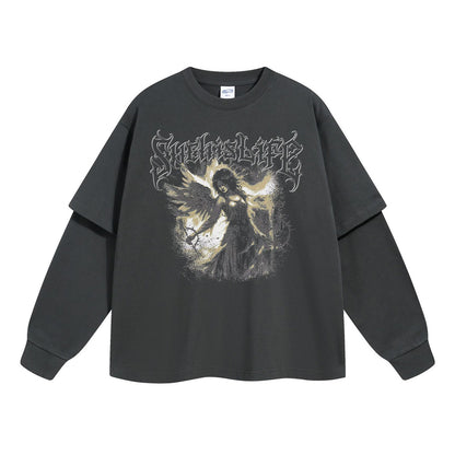 Print Fake Layered Oversize Long Sleeve T-Shirt WN9990