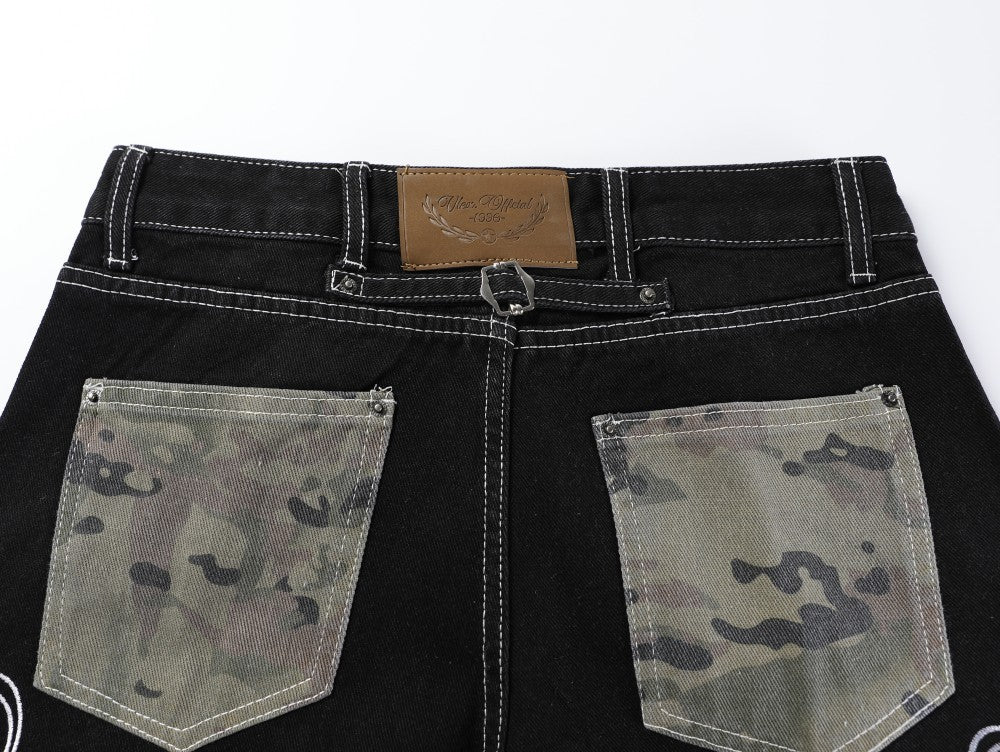 Camouflage Patchwork Letter Embroidery Rhinestone Wide Leg Denim Jeans WN27887