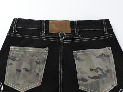 Camouflage Patchwork Letter Embroidery Rhinestone Wide Leg Denim Jeans WN27887