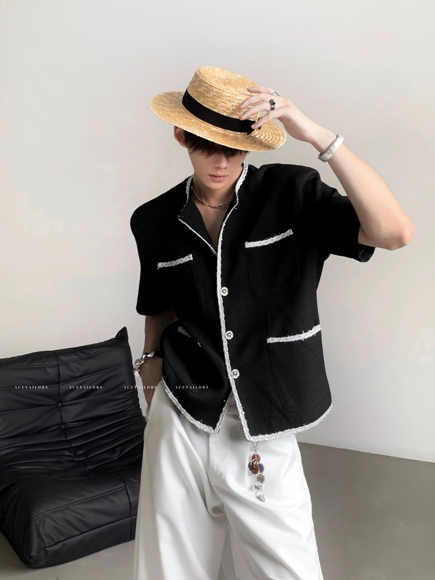 Tweed Design Shoulder-Pad Short Sleeve Jacket WN20081