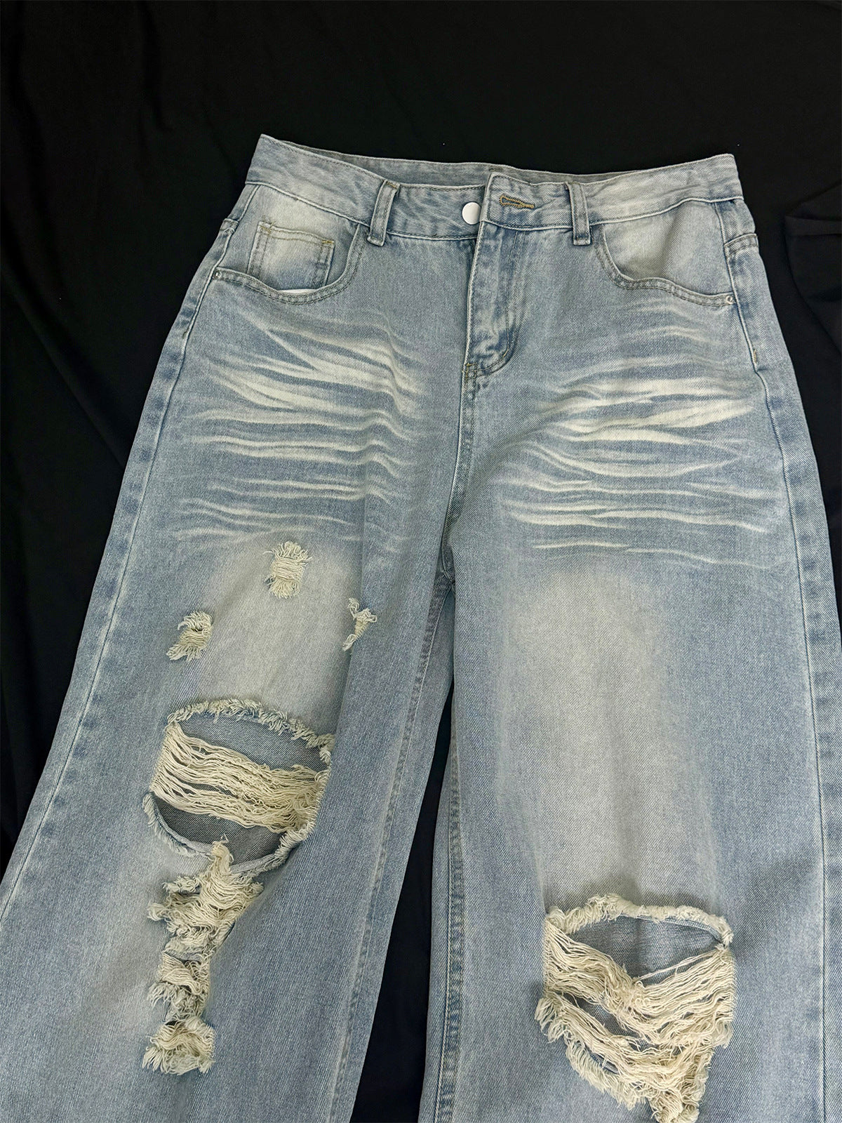 Washed Whisker Damage Wide Leg Denim Jeans WN25532