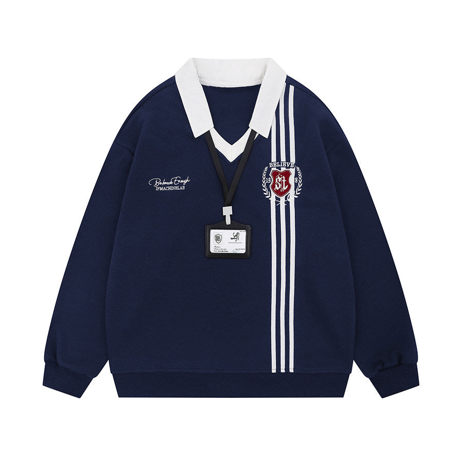 Stripe Embroidery V-Neck Polo Sweatshirt WN24157