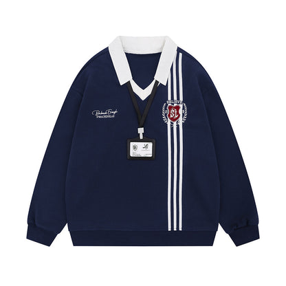 Stripe Embroidery V-Neck Polo Sweatshirt WN24157