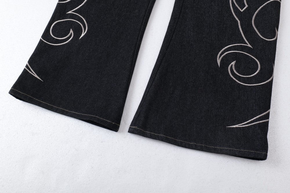Flame Embroidery Wide Leg Raw Denim Jeans WN28071