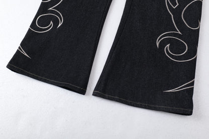 Flame Embroidery Wide Leg Raw Denim Jeans WN28071