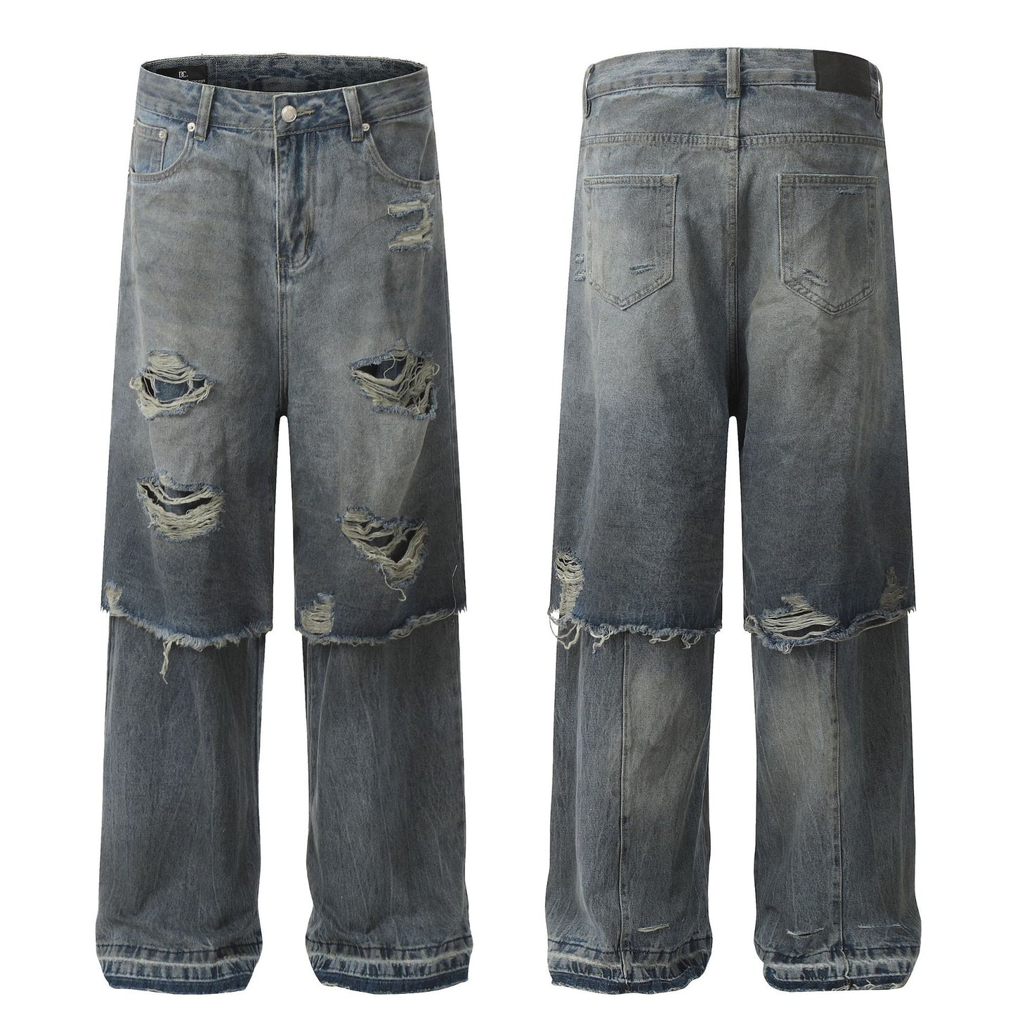 Fake Layered Damage Wide Leg Denim Jeans WN26025