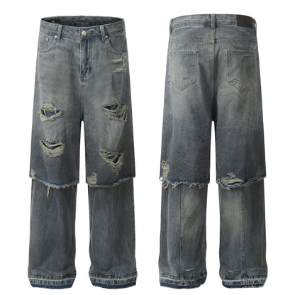 Fake Layered Damage Wide Leg Denim Jeans WN26025