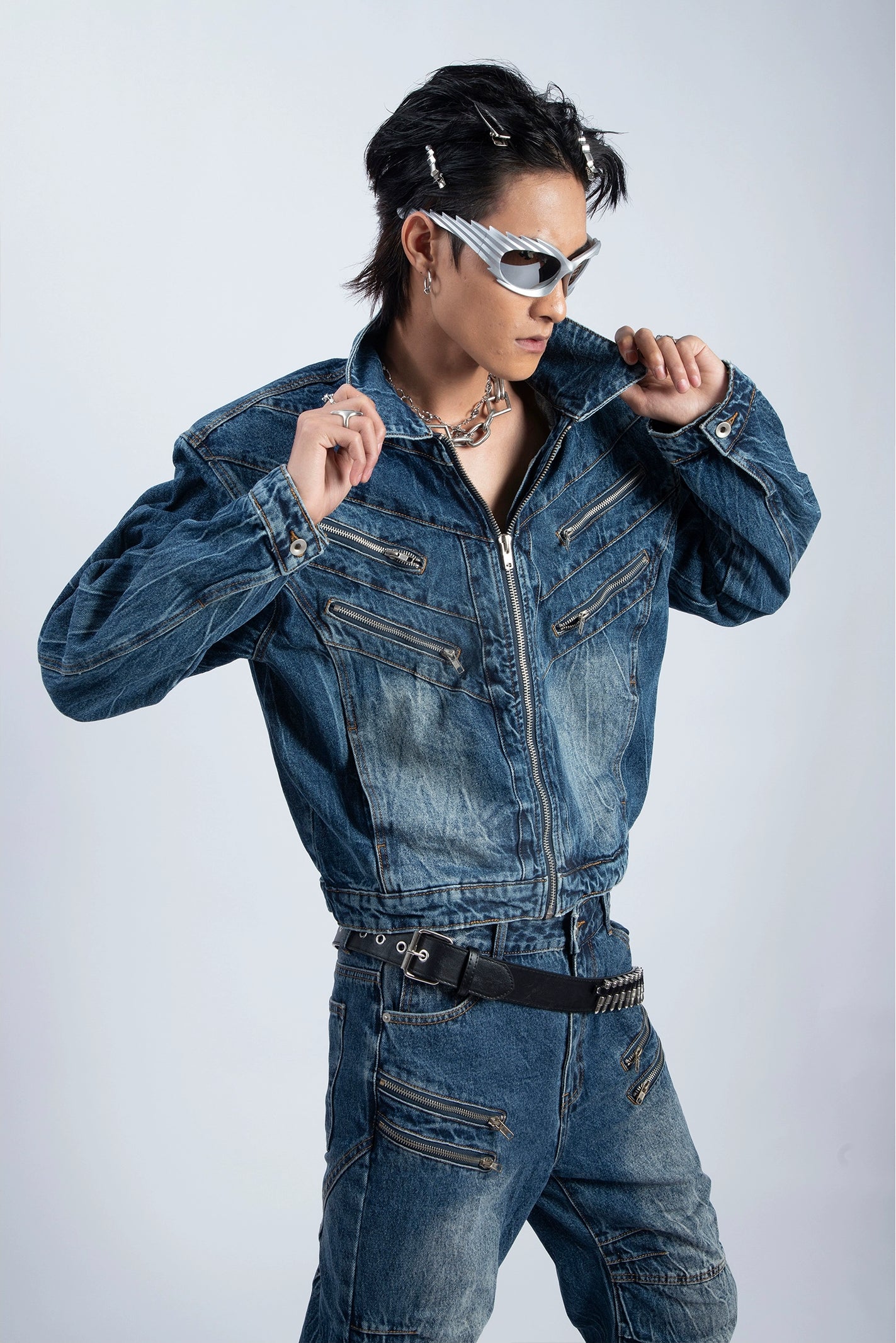 Gradient Washed Shoulder Pad Denim Jacket & Flare Denim Jeans Setup WN9214