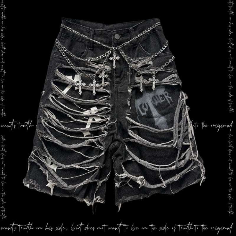 Washed Damage Design Five Pocket Half Denim Jeans & Belt & Waist Chain WN20092