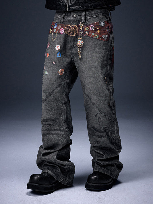 Badge Print Chain Wide Leg Denim Jeans WN23202