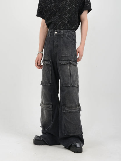 Wide-Leg Straight Cargo Denim Jeans WN7143