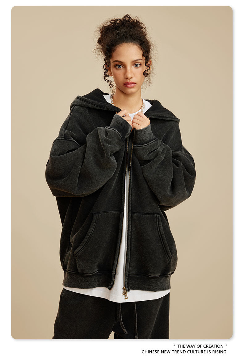 Oversize Fleece Lining Washed Zipper Hoodie & Pullover Hoodie & Pants Setup WN9925