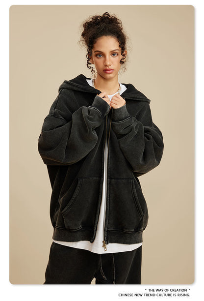 Oversize Fleece Lining Washed Zipper Hoodie & Pullover Hoodie & Pants Setup WN9925