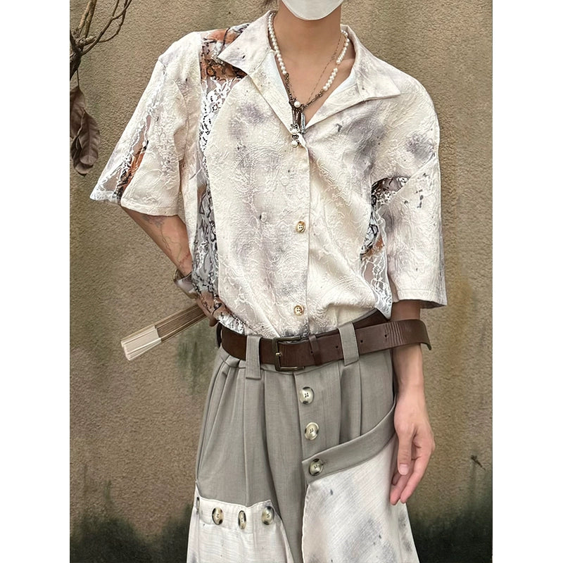 Chinese Style Jacquard Hollow Texture Stand Neck Short Sleeve Shirt WN19997