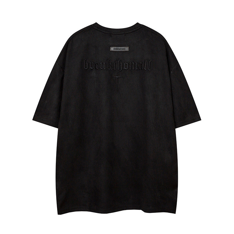 Cross Embroidery Suede Oversize Short Sleeve T-Shirt WN16554