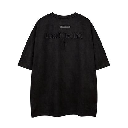 Cross Embroidery Suede Oversize Short Sleeve T-Shirt WN16554