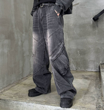 Washed Cargo Wide Leg Denim Jeans WN21168