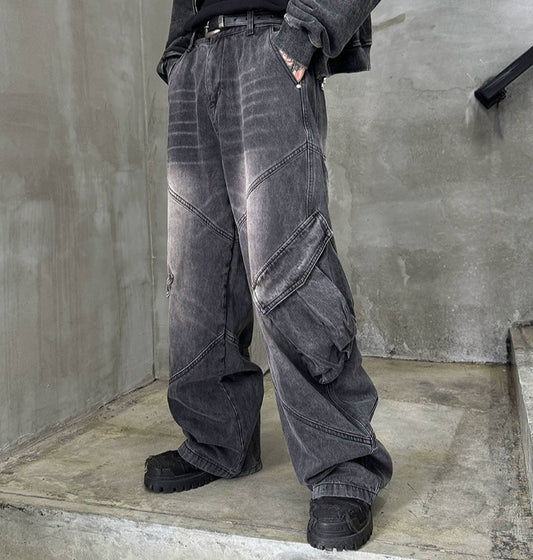 Washed Cargo Wide Leg Denim Jeans WN21168