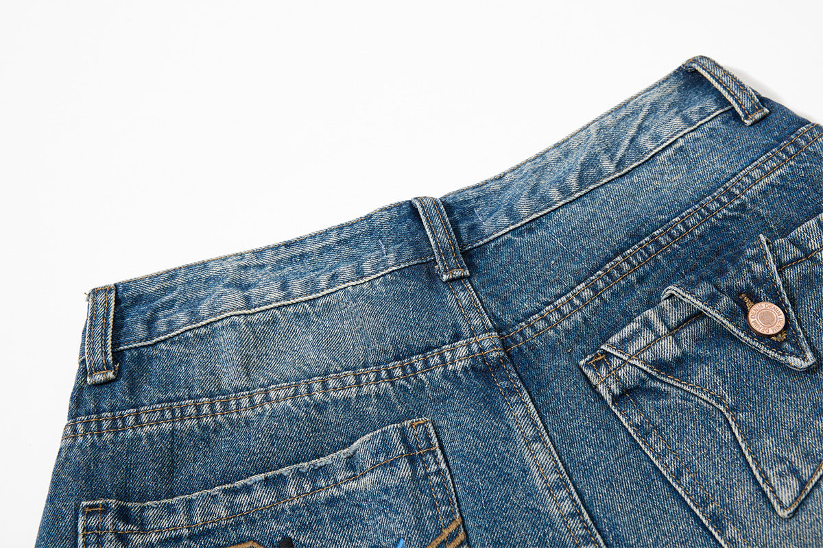 Embroidery Curved Wide Leg Denim Jeans WN25554