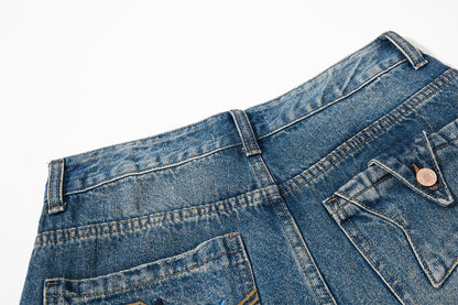 Embroidery Curved Wide Leg Denim Jeans WN25554