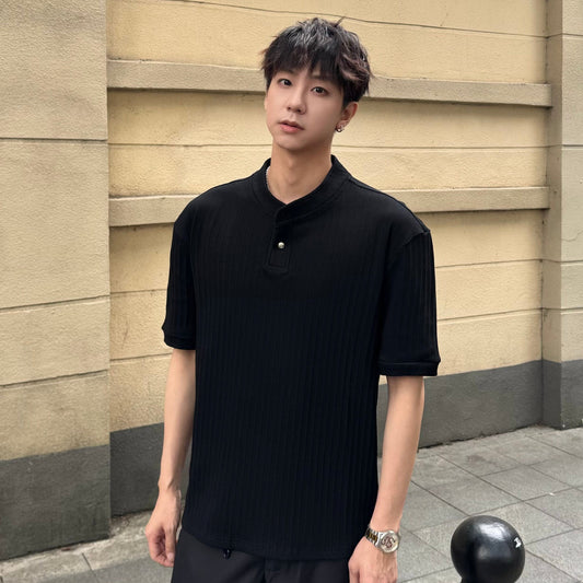 Rib Asymmetrical Button Short Sleeve T-Shirt WN25298
