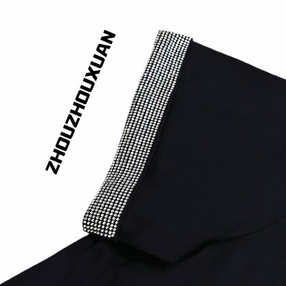 Color Black Rhinestone Pocket Short Sleeve T-Shirt WN20700