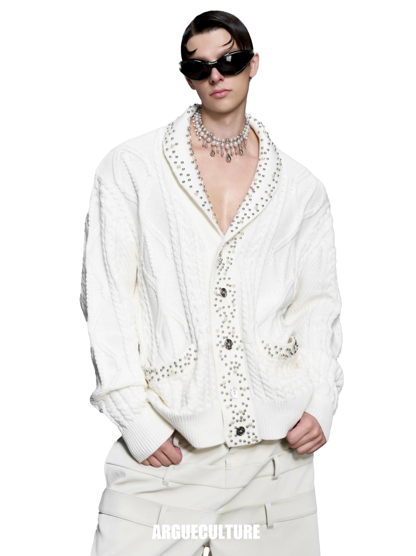 Pearl-Embellished Cable Knit V-Neck Cardigan WN11635