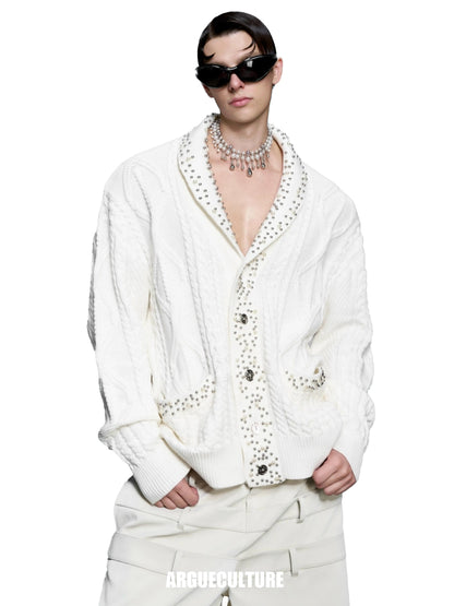 Pearl-Embellished Cable Knit V-Neck Cardigan WN11635