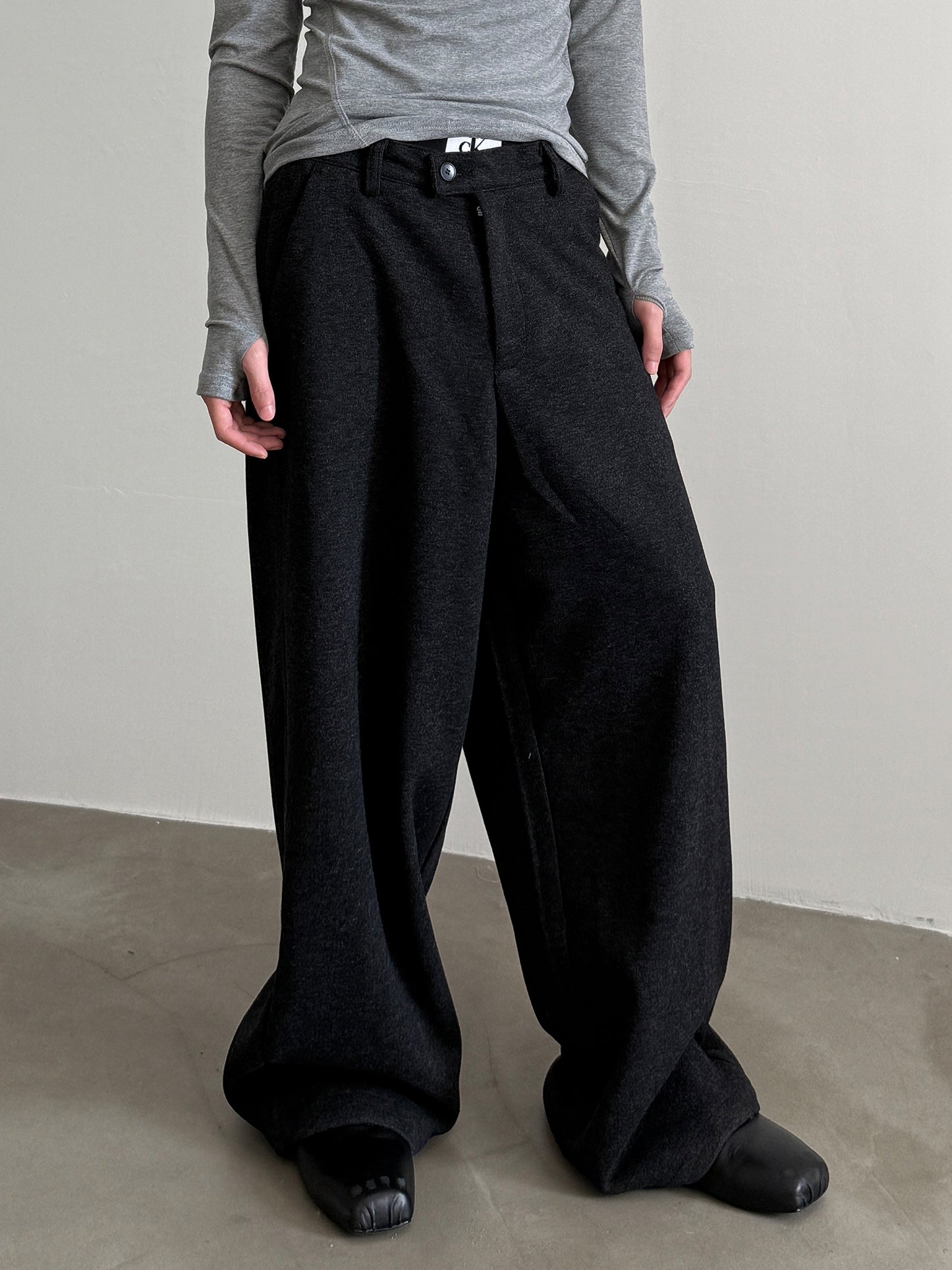 Wool Blend Draping Half-Elastic Wide-Leg Trousers WN15282