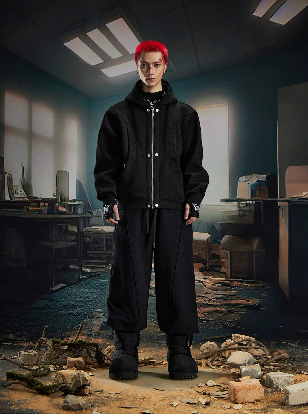 Deconstructed Oversize Zipper Hoodie & Wide Leg Sweatpants Setup WN20582