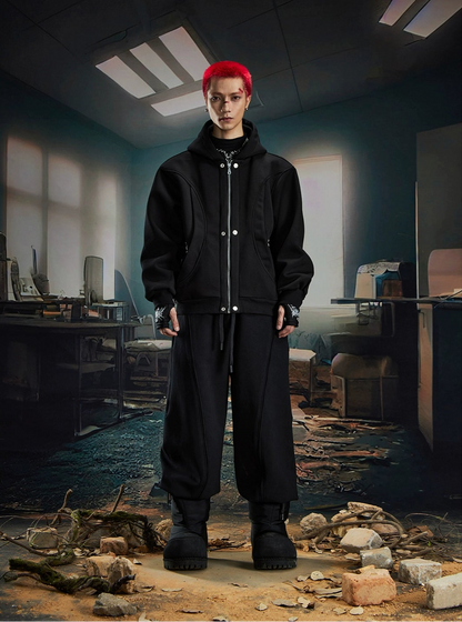 Deconstructed Oversize Zipper Hoodie & Wide Leg Sweatpants Setup WN20582