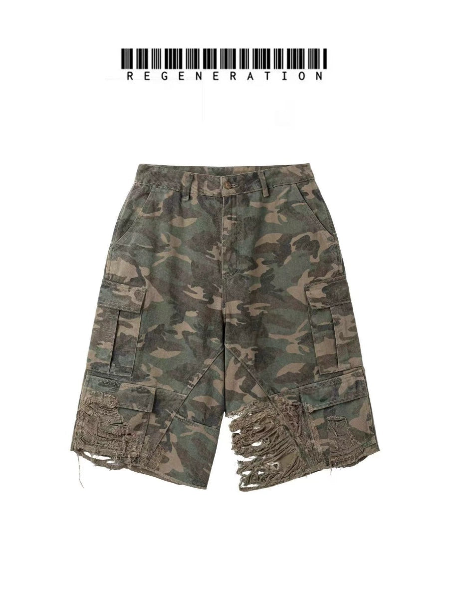 Washed Camouflage Distressed Half Pants WN19715