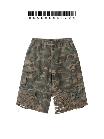 Washed Camouflage Distressed Half Pants WN19715