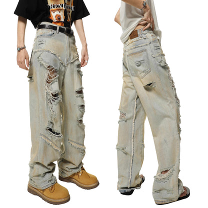 Washed Damage Wide-Leg Straight Denim Jeans WN7102