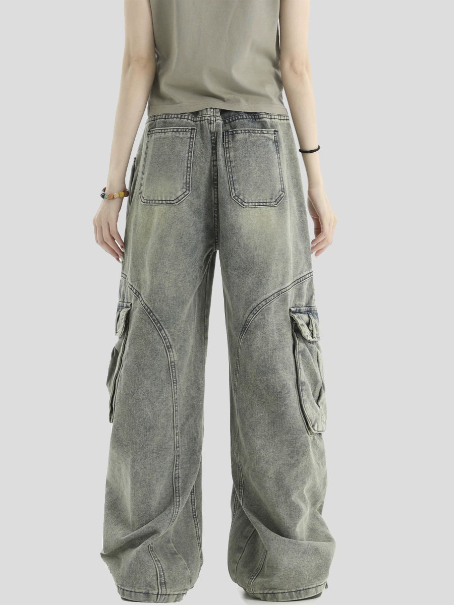 Multi Pocket Washed Wide-Leg Straight Cargo Denim Jeans WN7217