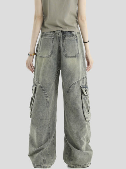 Multi Pocket Washed Wide-Leg Straight Cargo Denim Jeans WN7217