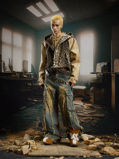 Deconstruction Patchwork Leopard Hooded PU Leather Jacket WN21381