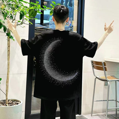 Rhinestone Moon Print Heavyweight Oversize Short Sleeve T-Shirt WN20705