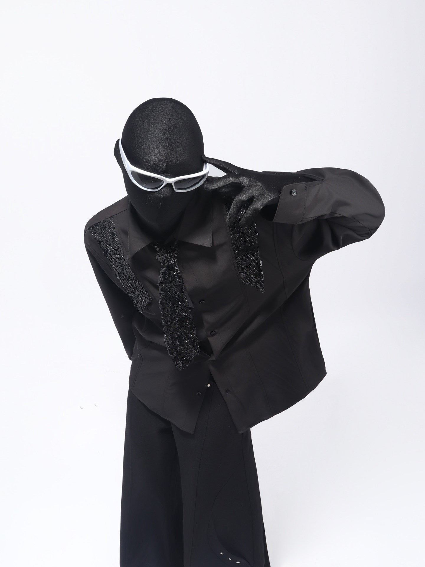 Sequin Design Tie Long Sleeve Shirt WN23741