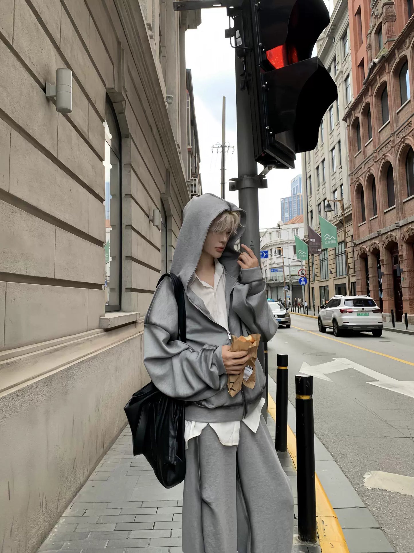 Wrinkle Design Zipper Hoodie & Wide Leg Pants Setup WN19905