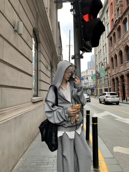 Wrinkle Design Zipper Hoodie & Wide Leg Pants Setup WN19905