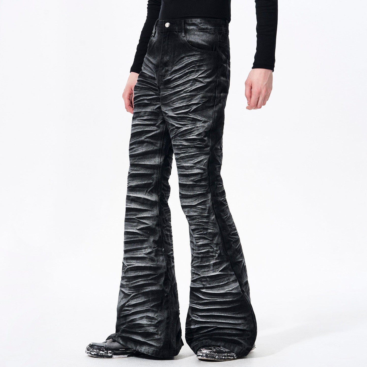 Wave Texture Pleats Foil Flare Denim Jeans WN23267